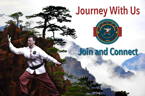Sifu West performing Tai Chi with Asian mountain background and test to Journey with Us, and Join and Connect